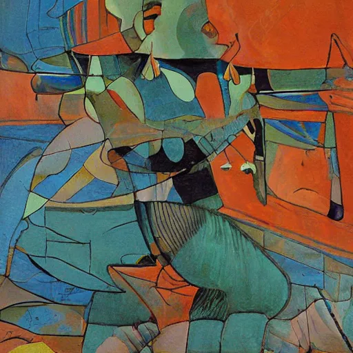 Prompt: fat mayan woman dancing, brilliant sunset, cubism, muted colors, texture