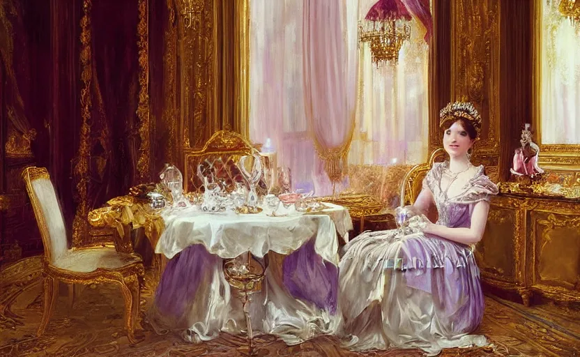 Image similar to Young victorian princess drinking tea on the royal palace dining room. By Konstantin Razumov, fractal flame, chiaroscuro,highly detailded