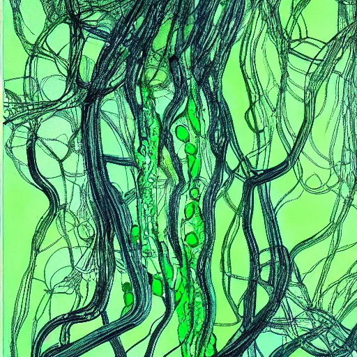 Image similar to nervous system immersed in green liquid, illustration, abstract painting