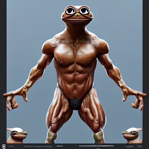 Image similar to bodybuilder pepe the frog, au naturel, hyper detailed, digital art, trending in artstation, cinematic lighting, studio quality, smooth render, unreal engine 5 rendered, octane rendered, art style by klimt and nixeu and ian sprigger and wlop and krenz cushart