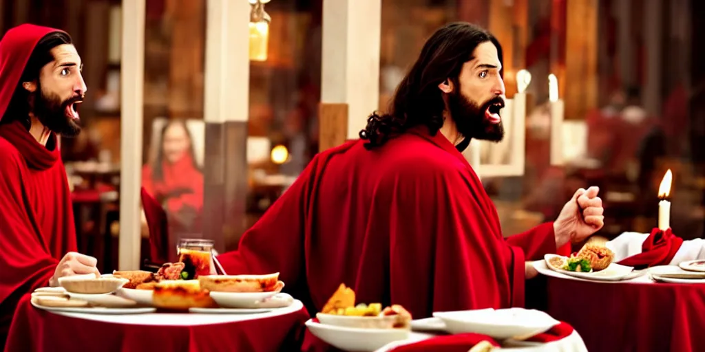 Prompt: jesus christ in a robe and red scarf, in a restaurant, on a date, yelling at a waiter