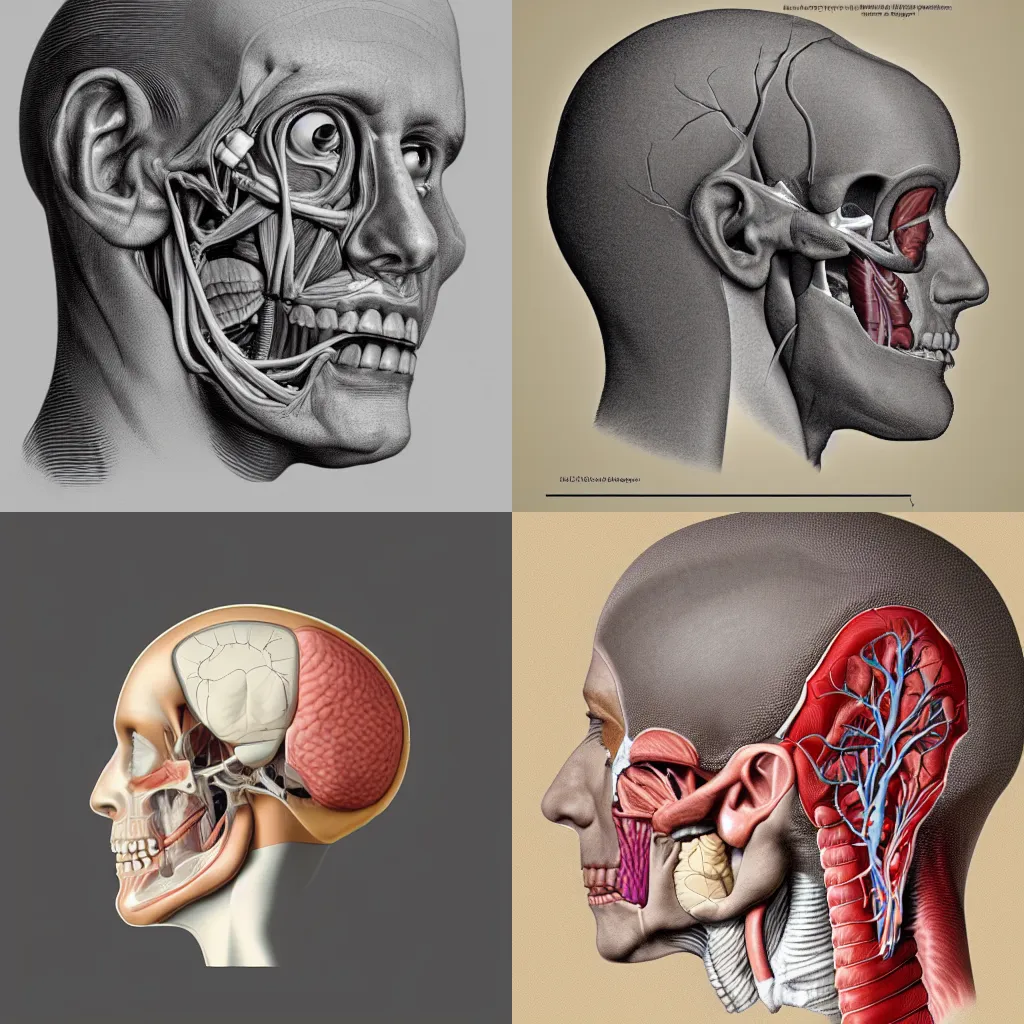 Prompt: anatomically accurate cross-sectional view of the human head from the side from medical book