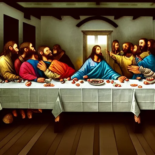 Image similar to a beautiful mixed mediart of the last supper, with jesus and his disciples replaced by various animals. the mixed mediart is set in a forest, with a deer at the head of the table and a squirrel and rabbit to either side. 4 k resolution by joel rea, by eddie mendoza offhand, a e s t h e t i c