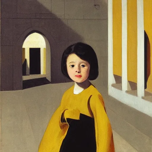 Prompt: a painting of a little girl with short black hair and wearing a yellow coat alone in the inner courtyard of an abbey by hopper and de chirico