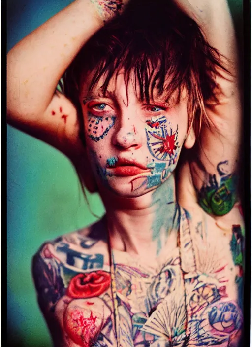 Prompt: detailed color analog medium format photo made by harmony korine, polaroid photo of person with tatoos in american suburbs, high production value, intricate details, 8 k resolution, hyperrealistic, hdr, photorealistic, high definition, tehnicolor, award - winning photography, masterpiece, amazing colors,