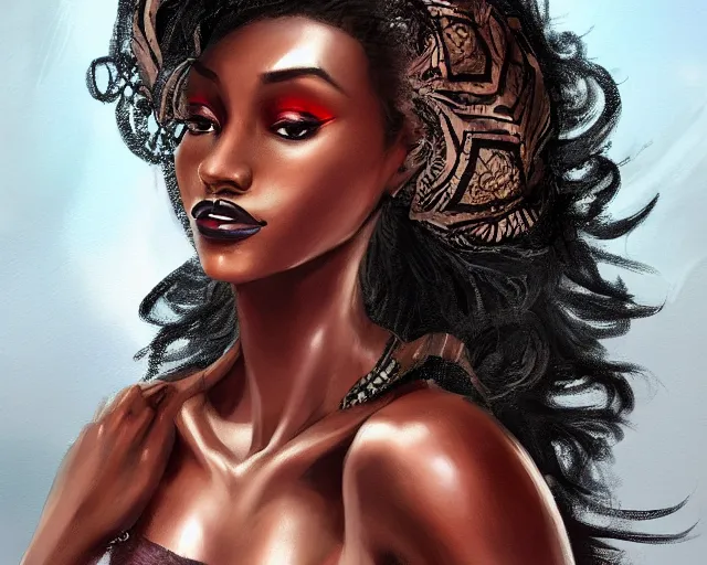 Prompt: A tall black skinned woman wearing a scarf with large lips and smooth eyebrows and curly hair, complimentary eyeliner, light blush and metallic eyeshadow, HD, illustration, epic, fantasy, intricate, elegant, amazing detail, digital painting, artstation, concept art, smooth, sharp focus, illustration, art by Turine Tran