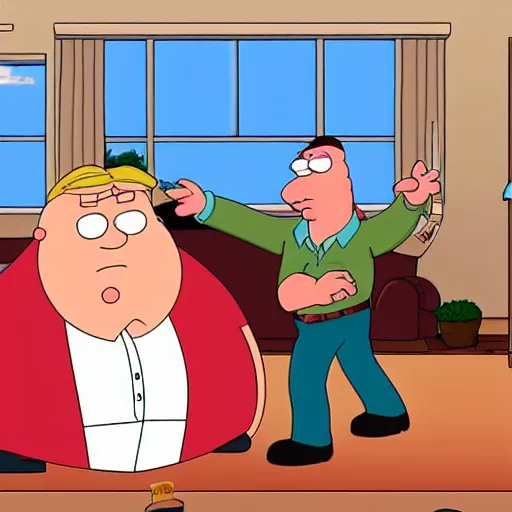 Prompt: a screenshot of a family guy scene where peter fights brian