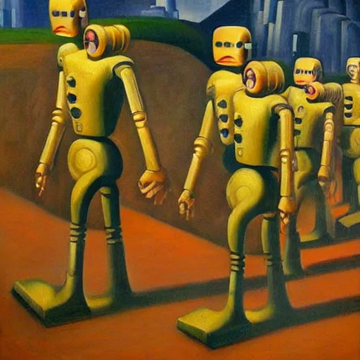 Prompt: robots marching off of a cliff, dystopian, pj crook, edward hopper, oil on canvas