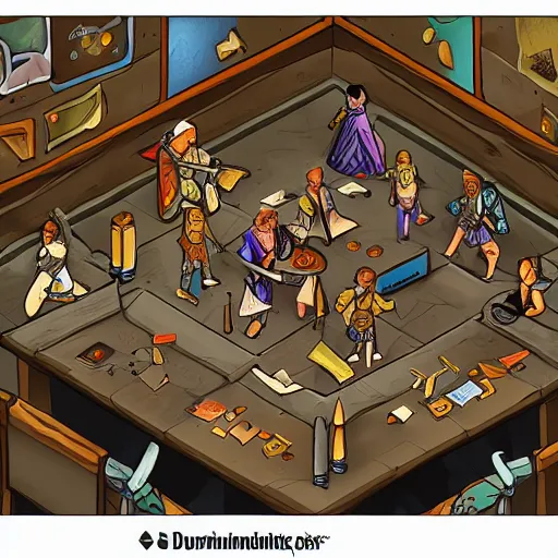 Prompt: isometric rendering of a group playing Dungeons and Dragons, Illustration, isometric, rendering, High Detail