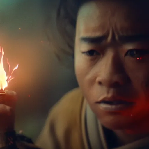 Prompt: cinematic film still of Lil’ Wayne starring as a Samurai holding fire, Japanese CGI, VFX, 2022, 40mm lens, shallow depth of field, film photography