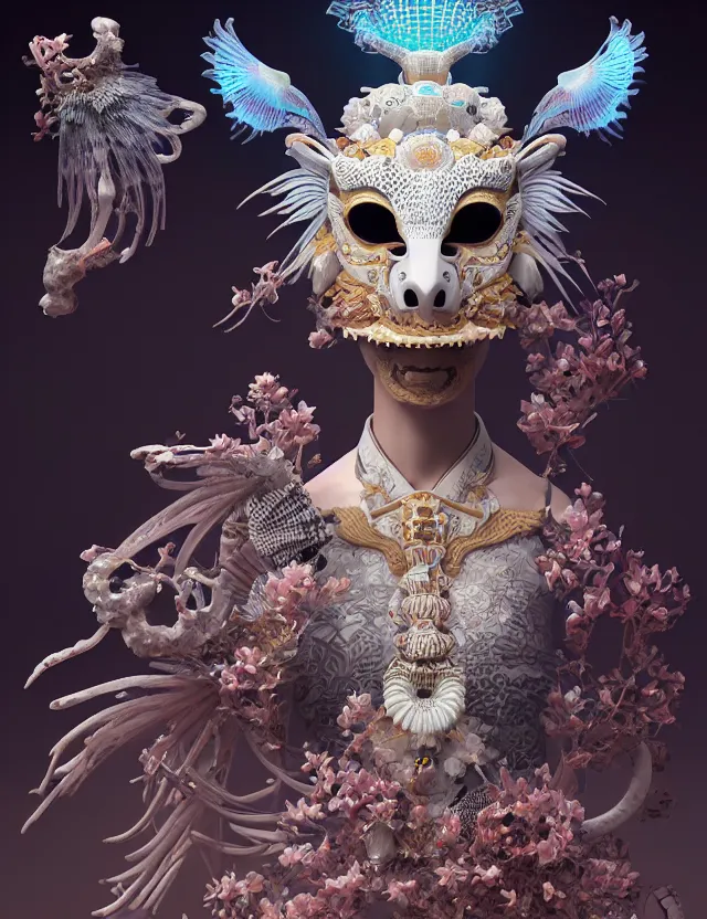 Image similar to 3 d goddess bottom - up with ram skull. beautiful intricately detailed japanese crow kitsune mask and clasical japanese kimono. betta fish, jellyfish phoenix, bio luminescent, plasma, ice, water, wind, creature, artwork by tooth wu and wlop and beeple and greg rutkowski