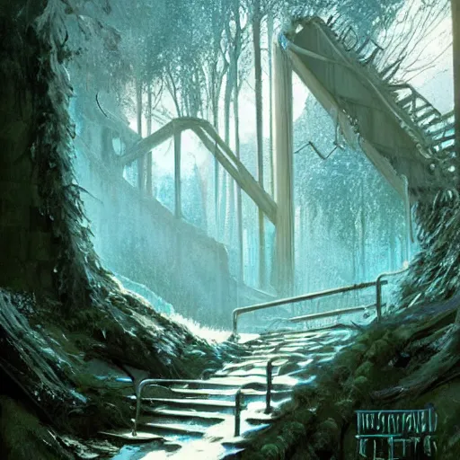 Image similar to stairs leading to a frozen derelict portal in a middle of a snowy lush futuristic forest, lush world seen only through a portal, daylight, cinematic lighting, blue sky, syd mead, john harris