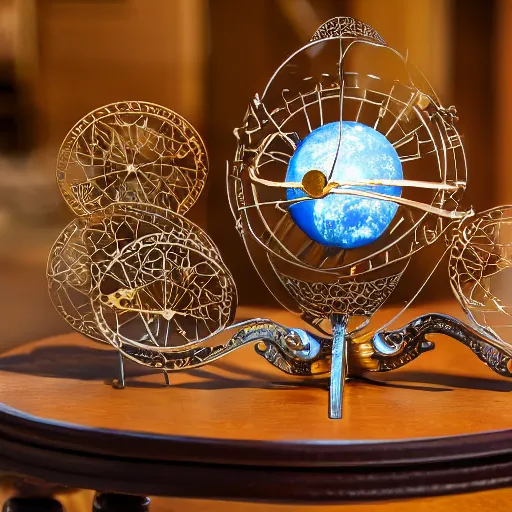 Image similar to a well - lit photo of an intricate steel filigree art nouveau orrery solar system model with visible gears on a wooden table, beautiful, detailed, flowing curves, with colored marble planets and a golden sun