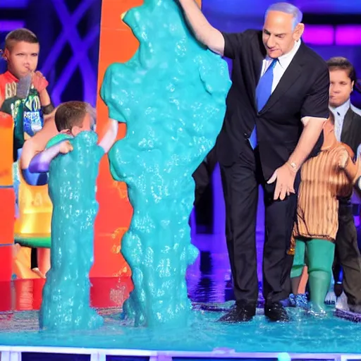 Image similar to benjamin netanyahu getting slimed at the kid's choice awards, sharp focus, highly detailed