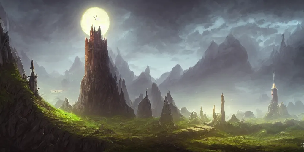 Image similar to The single lonesome grand wizard tower by Tyler Edlin and Raphael Lacoste, fantasy art, green fields in the background, wide angle, cinematic composition, dark moody lighting, moon in the sky