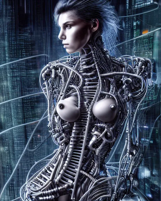 Image similar to portrait photo of a biomechanical torso of a cyborg plugged into a quantum computer with cables and wires and optic fibers. cyberpunk horror style. art by luis royo. highly detailed 8 k. intricate. nikon d 8 5 0 5 5 mm. award winning photography.