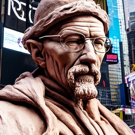 Prompt: extreme long - shot of a very detailed renaissance clay sculpture of walter white wearing a phrygian cap in times square, made by michelangelo, shot from the distance, hyper detailed, sharp focus, 8 k resolution, ray tracing