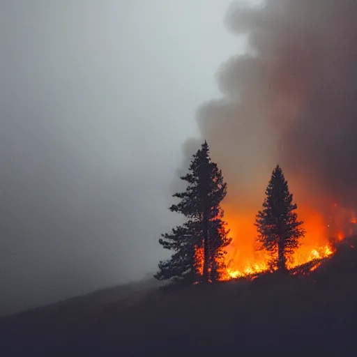 Image similar to photo of a tree with fire surrounding, scary, grey fog, dark sky