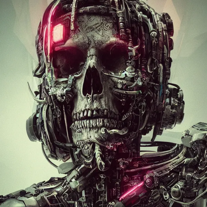 Image similar to cyberpunk skull, intricate abstract. sharp teeth. delicate artwork. by Tooth Wu, wlop, beeple, dan mumford. octane render, trending on artstation, greg rutkowski very coherent symmetrical artwork. cinematic, hyper realism, high detail, octane render, 8k, depth of field, bokeh. chrome accents.