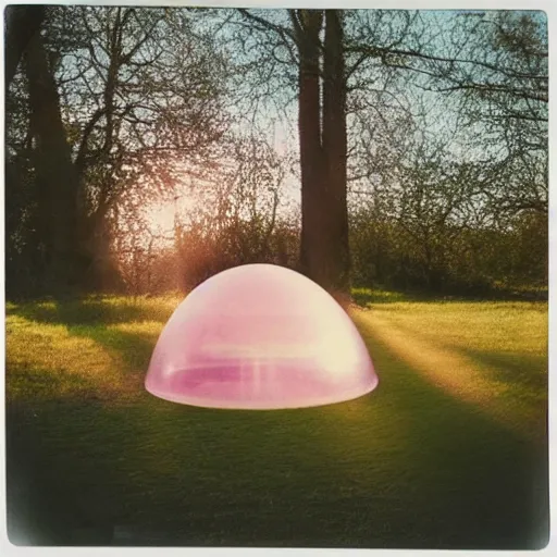 Image similar to a pastel coloured Polaroid photo of a sun lounger and shelter made of transparent iridescent perspex stood centrally in a field, beams of light, nostalgic