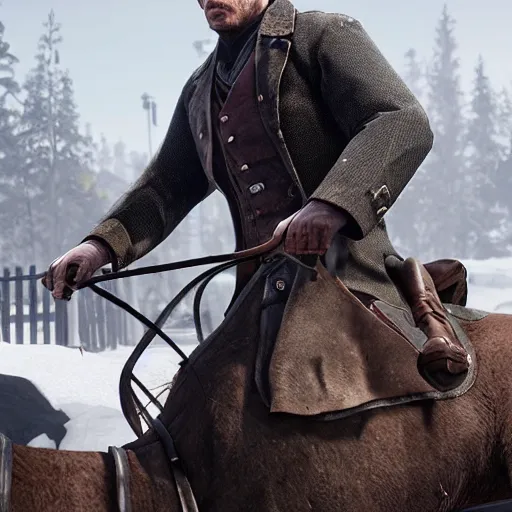 Image similar to arthur from rdr 2 high detailed face driving bike background russia in 2 0 2 0 at russia, tolyatti sportivnaia street 7, cars, snow, buildings photorealism