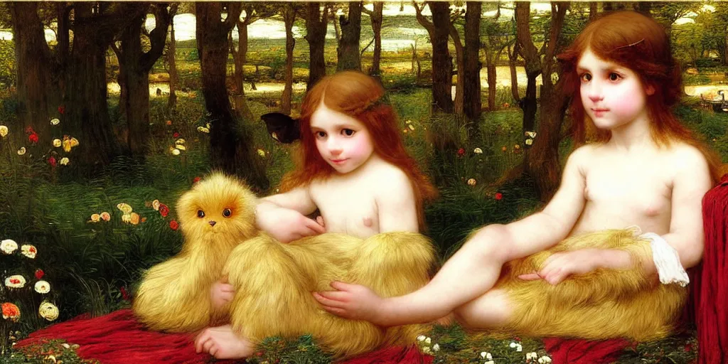 Prompt: 3 d precious moments plush animal, realistic fur, undine, gold, morning, master painter and art style of john william waterhouse and caspar david friedrich and philipp otto runge