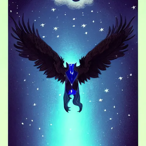 Image similar to black unicorn with glowing blue eyes and big eagle wings standing on its hind legs, magical, sparkles, soft glow, fantasy, ethereal, nighttime forest, trending on artstation