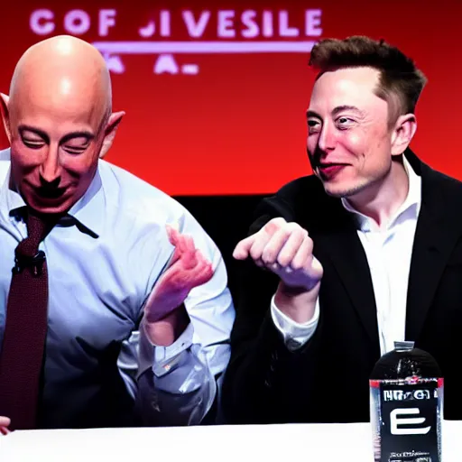 Image similar to elon musk vs jeff bezos in a boxing evening, direct professional video