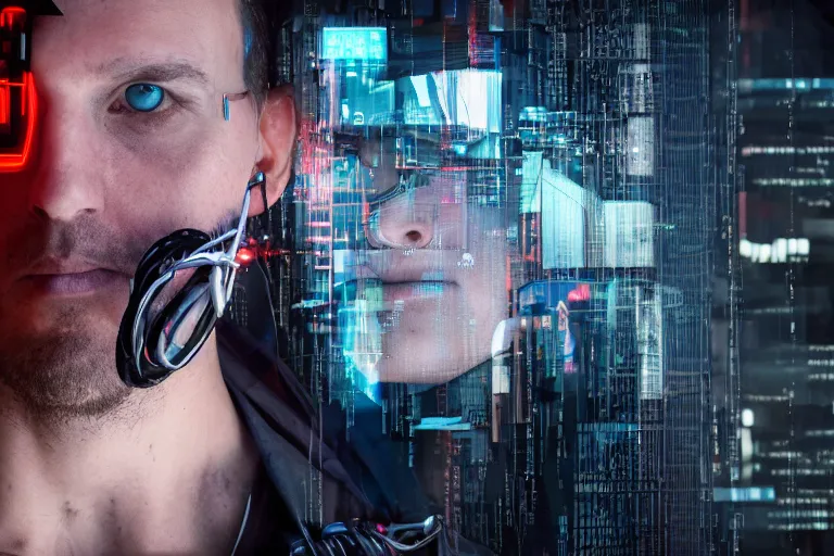 Image similar to cyberpunk hacker closeup portrait in high tech compound by Emmanuel Lubezki