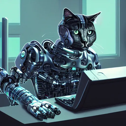 Image similar to a metallic robotic cyborg cat eating a computer mouse, cyberpunk, digital art, 8 k, trending on artstation