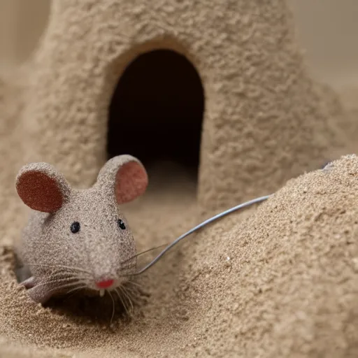 Image similar to dslr photo still of a mouse inside a sand castle, 8 k, 8 5 mm f 1. 4