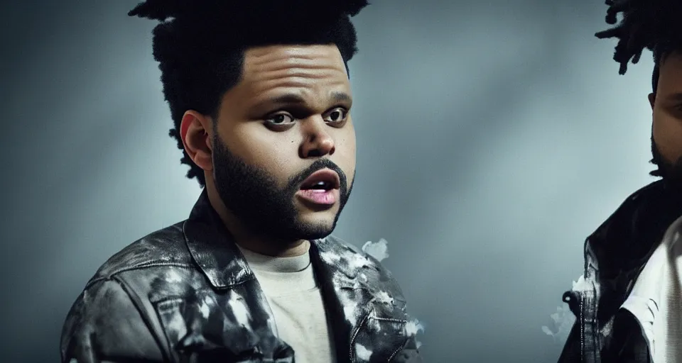 Prompt: The Weeknd As A Zombie, volumetric lighting, hyperrealistic, photorealistic, beautiful details, HDR, octane render, action shot, wide angle, bokeh