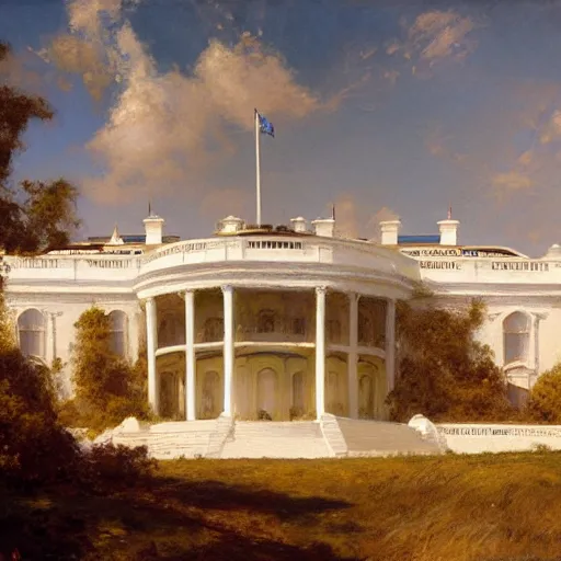 Prompt: detailed cinematic wide shot of the futuristic white house that is existing far in the future where humans evolved to be solarpunk, ultra realistic, spring light, painting by gaston bussiere, craig mullins, j. c. leyendecker