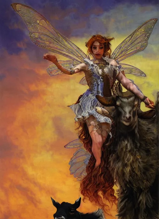 Image similar to symmetry! half length portrait of a biblical diabolical fairy witch girl burning riding a cute goat, fire, clouds, sunset, studio light, by mikhail vrubel, by peter elson, muted colors, extreme detail, trending on artstation, 8 k