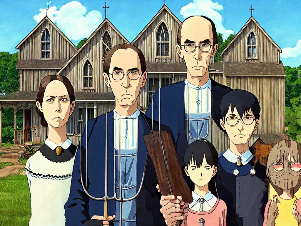 Image similar to american gothic in detailed studio ghibli anime style