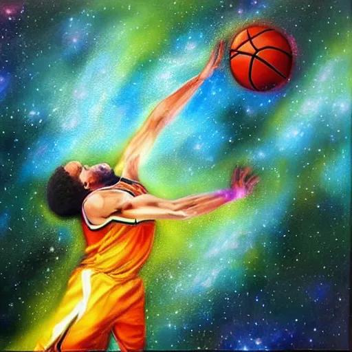 Image similar to An expressive oil painting of a basketball player dunking, depicted as an explosion of a nebula