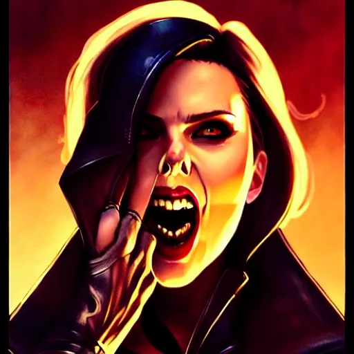 Image similar to rafael albuquerque comic art, peter mohrbacher, steve niles, artgerm, pretty scarlett johansson vampire sharp vampire teeth open mouth, symmetrical eyes, black leather jacket, jeans, long blonde hair