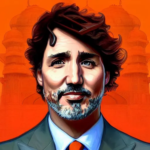 Image similar to portrait justin trudeau wearing orange pheta, setting taj mahal, ssci - fi and fantasy, intricate highly detailed digital painting, artstation, concept art, smooth and sharp focus, illustration, art by tan zi and ayanamikodon and alphonse mucha and wlop