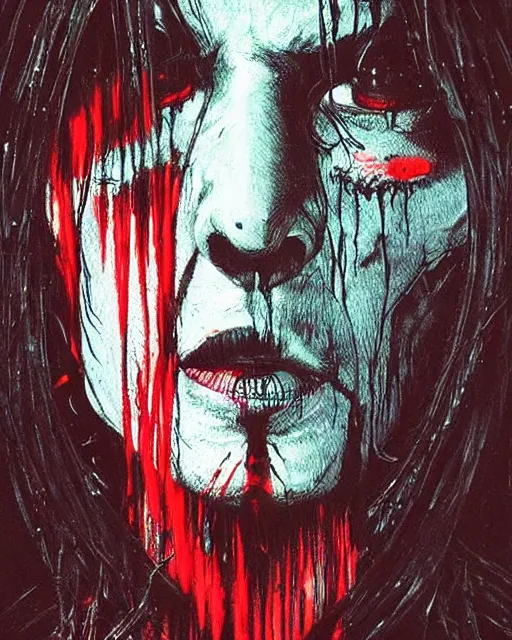 Prompt: trent reznor with long hair as a decaying zombie, horror, high details, bright colors, striking, intricate details, by vincent di fate, artgerm julie bell beeple, 1 9 8 0 s, inking, vintage 8 0 s print, screen print