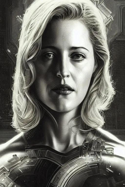 Image similar to young Gillian Anderson as a ruggedly beautiful retro SCI-FI heroine 1985 , intricate, elegant, highly detailed, centered, digital painting, artstation, concept art, smooth, sharp focus, illustration, art by artgerm and donato giancola and Joseph Christian Leyendecker, Ross Tran, WLOP