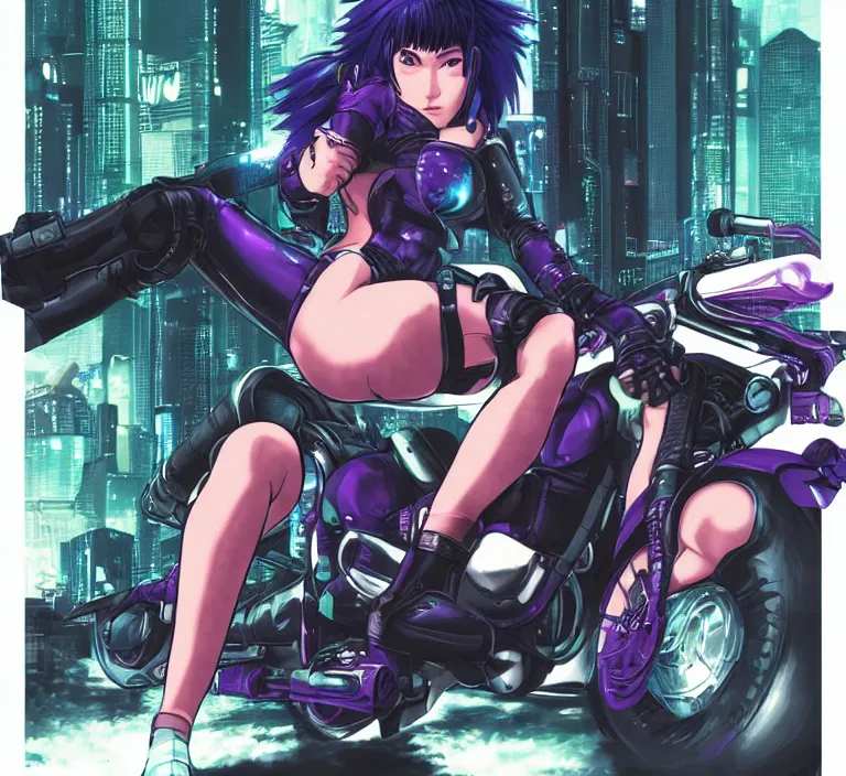 Image similar to motoko kusanagi riding a cyberpunk vehicle in a grungy cyberpunk megacity, bosozoku gang war, cyberpunk vaporwave, by phil jimenez, artgerm, sola digital arts, anti aliasing, raytracing