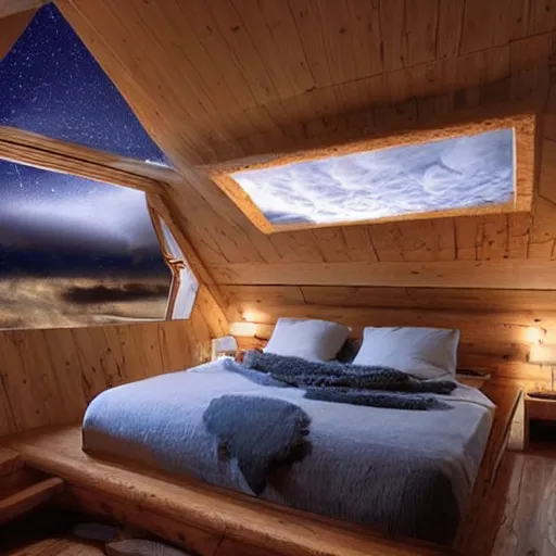 Prompt: Cozy bedroom aboard a flying ship window looks on moonlit clouds and stars, soft bed blankets log cabin walls hyperrealism