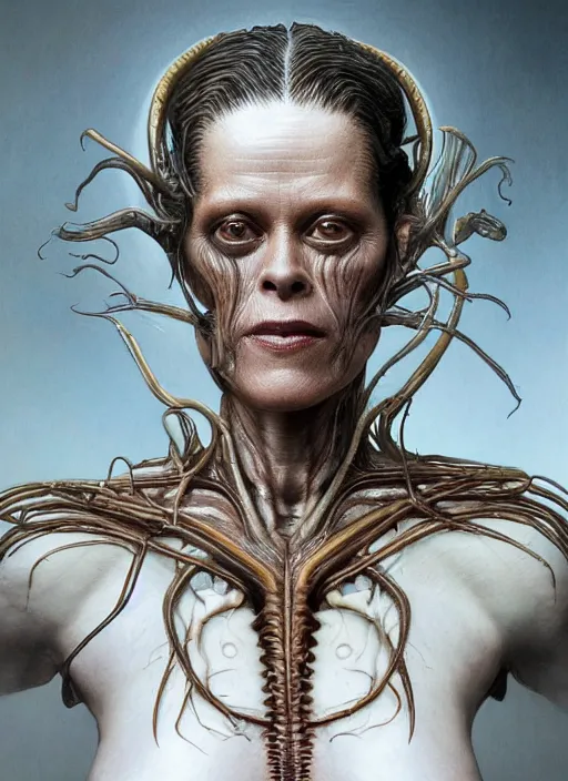 Image similar to an organic anatomical portrait of sigourney weaver blended with a xenomorphic alien queen, twisting organic tendrils, haze, highly detailed, hyper real, futuristic, volumetric interior lighting, artstation, unreal engine render 8 k greg rutkowski, hr giger