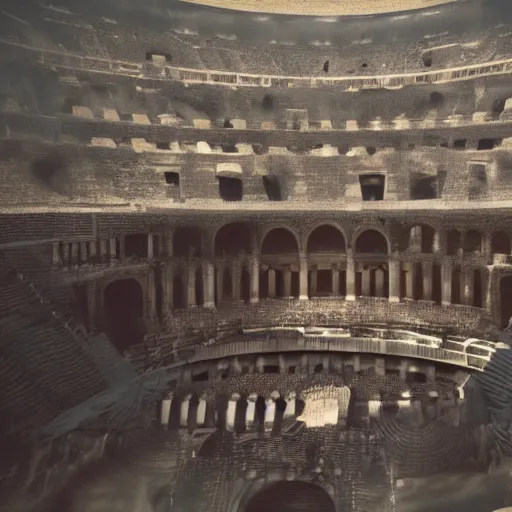 Prompt: the gladiator in the arena welcomes the emperor of rome, a view from the back of the gladiator to the colosseum, a detailed view of the stands, hyperdetailed, octane render, 8 k