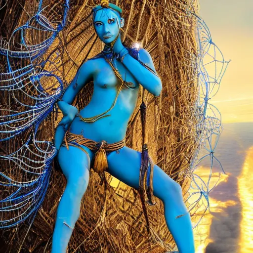 Prompt: a blue - skinned female navi from avatar wrapped in barbed wire suspended in the air, cosplay, body paint, high resolution film still, hdr color, movie by james cameron