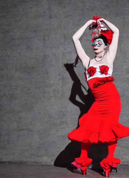 Prompt: Cinematography Bad Bunny dressed as a flamenco dancer by Emmanuel Lubezky