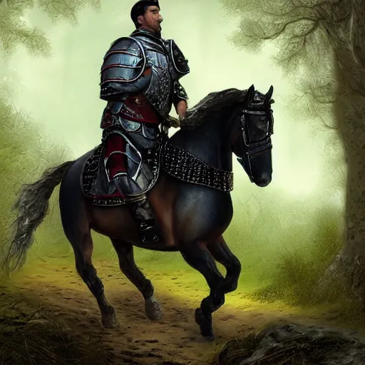 Prompt: aleksandar vucic wearing shining plate armor and riding a horse on a path through a dark forest, highly detailed, digital painting, sharp focus