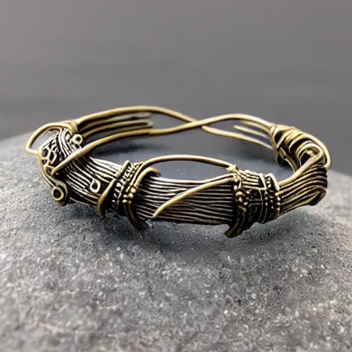 Prompt: poseidon cultists bangle, bronze wire, intricate poseidon style, ancient mediterranean jewelry, fine craftsmanship