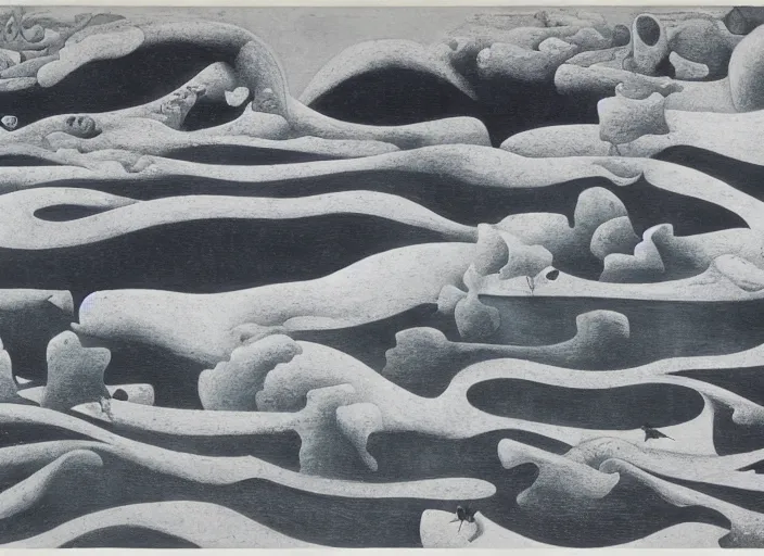 Image similar to an underwater landscape painted by, mc escher, gordon onslow ford, georgia o'keeffe and ippolito caffi,