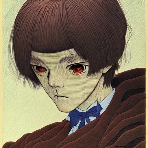 Image similar to prompt : mysterious portrait painted in miyazaki color style drawn by katsuhiro otomo and takato yamamoto, inspired by fables, china doll face, smooth face feature, intricate oil painting, high detail, sharp high detail, manga and anime 2 0 0 0